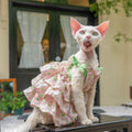 Sphynx Cat Summer  Floral With Green Ruffles Tiered Dress With Bow Straps
