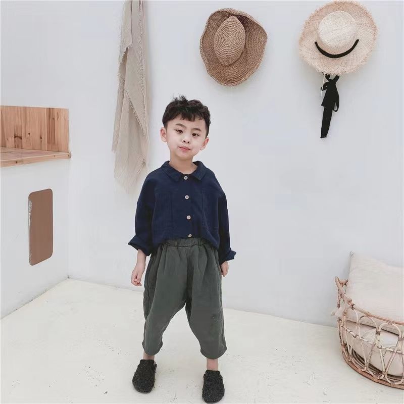 Chemise pour enfants Style japonais Retro Batwing Manche Lapel Lin de coton