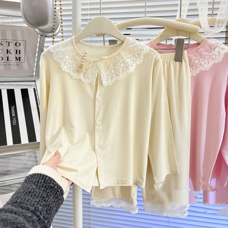 Fille's SpringSummer Cardigan Modal Collier de dentelle longue manches Pajama Set