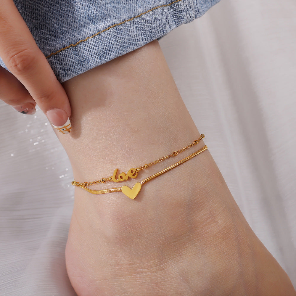 European & American Fashion Double Layer Heart Love Pendentif Anklet pour femmes