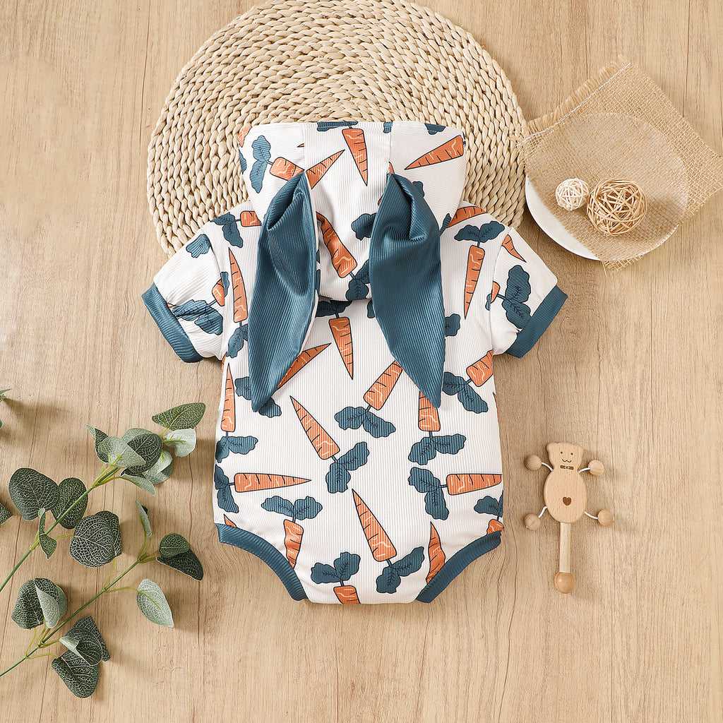 Cartoon Lapin-oreille Hoodie avec une carotte vivante imprimé Romper