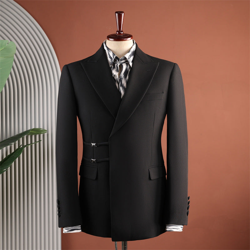 Hommes Black Peak Lapel côté boucle 2 pièces Ensemble de costumes Gurkha pantalons