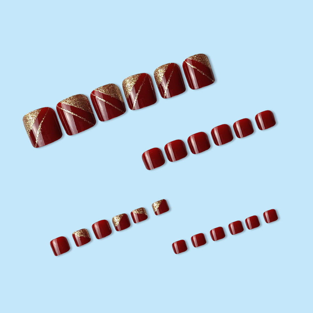 24-pièces Short-style Conseil d'ongle côté Glitter poudre pressée ongles rouge orteil