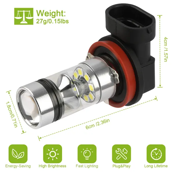 2PCS 1000lm 100W LED Fog DRL Bulb IP65 Water Resistant 360 Degree Beam Angle 6000K W