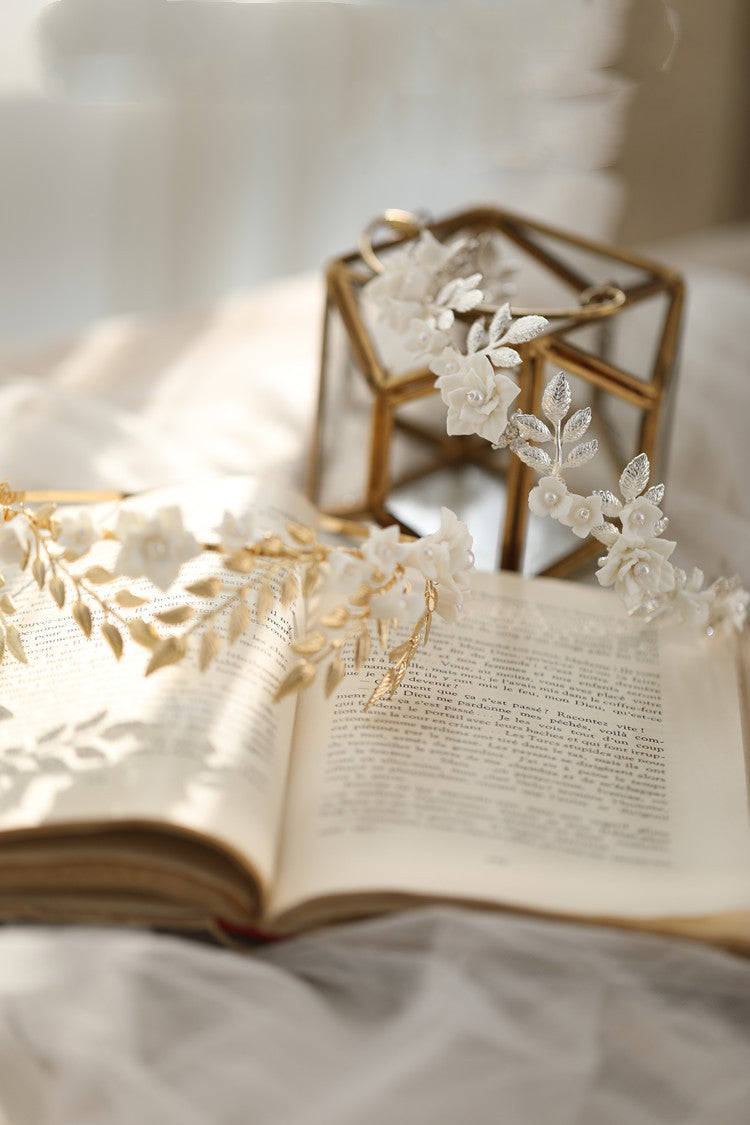 Bande de cheveux Gold Leaf Silver Leaf White Flower Accessoires de cheveux en céramique