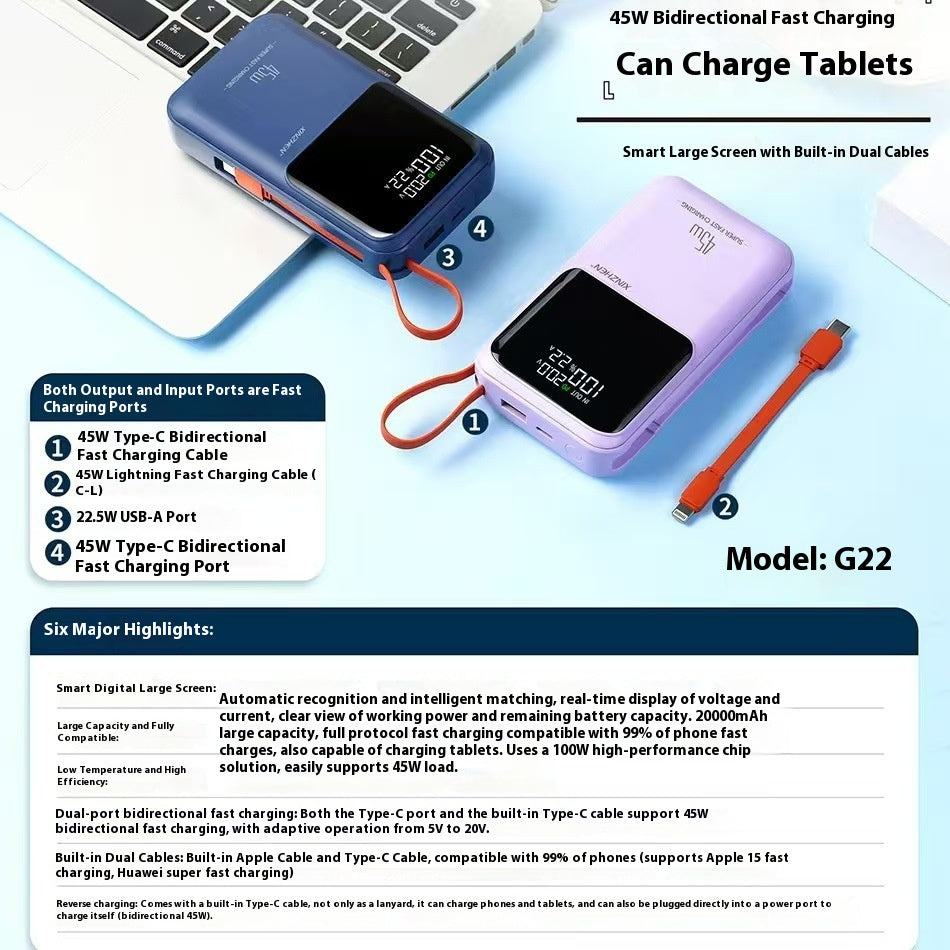 3C Certifié 45W Power Bank avec câble 20000 MA Alimentation mobile