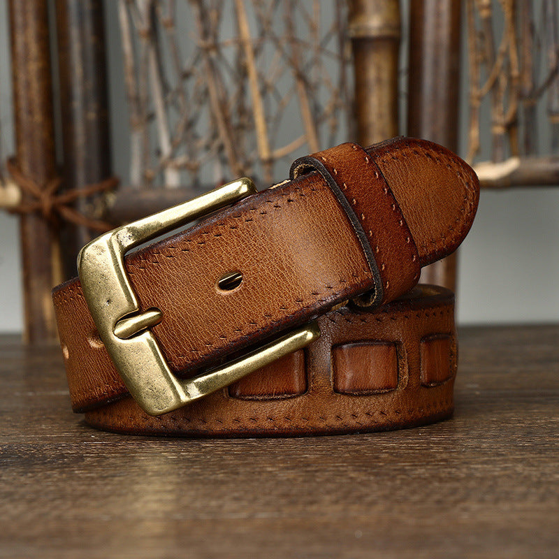 Ceinture Retro Homme en cuir véritable avec boucle en laiton