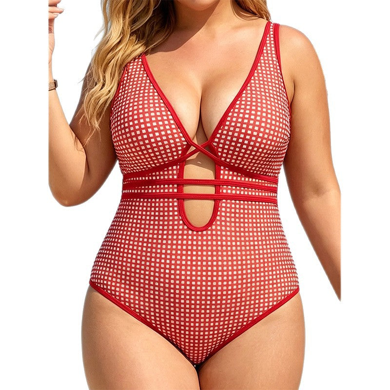 Bracelet imprimé Plaid de plus d'une pièce Bikini V-neck Maillot de bain femme