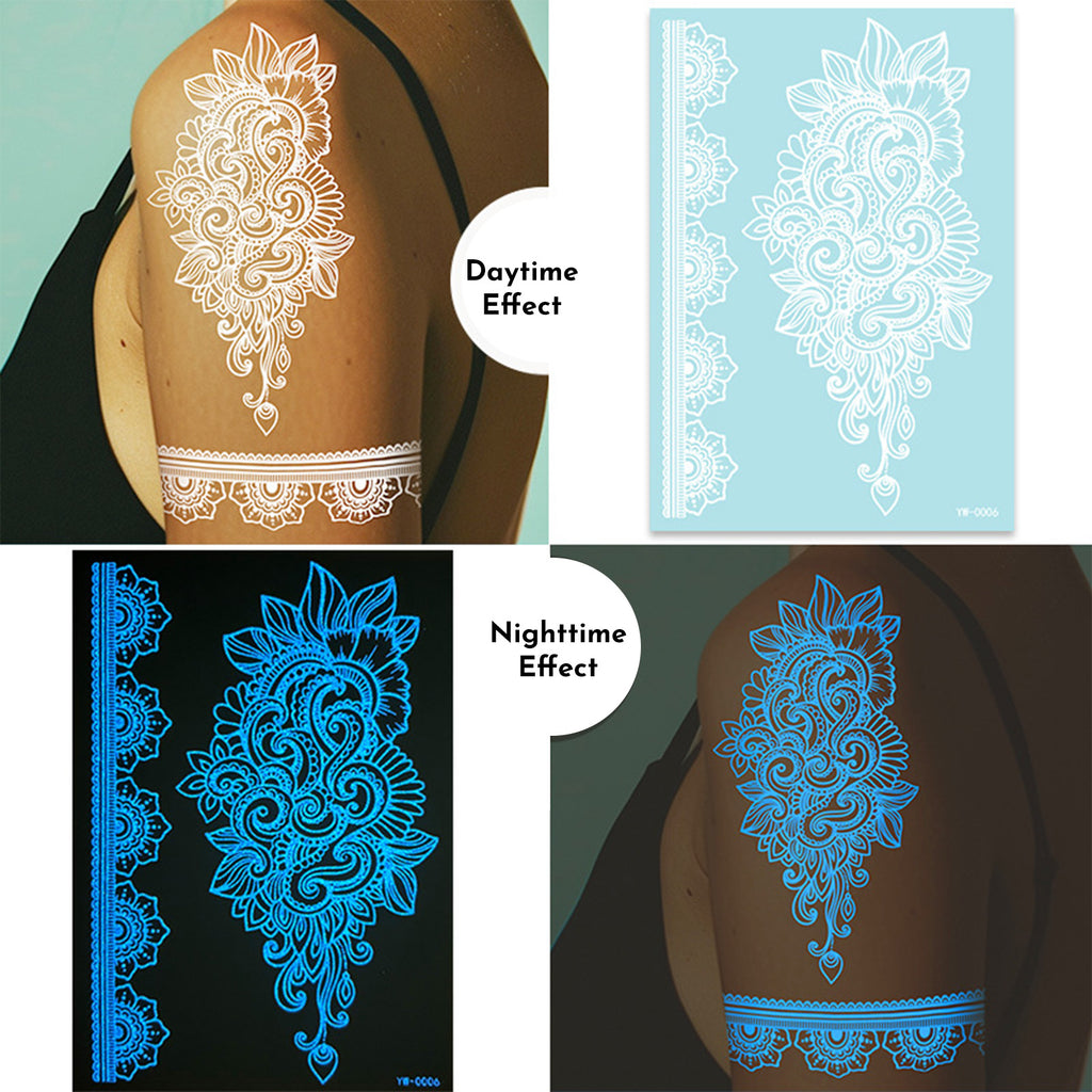 Stickers Tattoo Glow In The Dark Henna Intricate Dentelle Hand & Arm Designs pour Halloween Chr