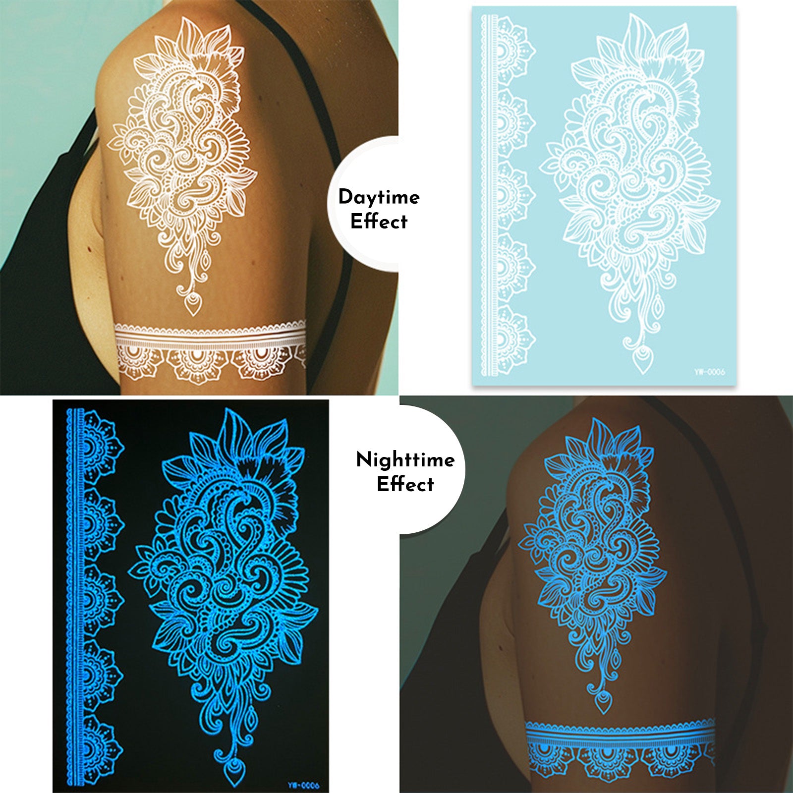 Stickers Tattoo Glow In The Dark Henna Intricate Dentelle Hand & Arm Designs pour Halloween Chr