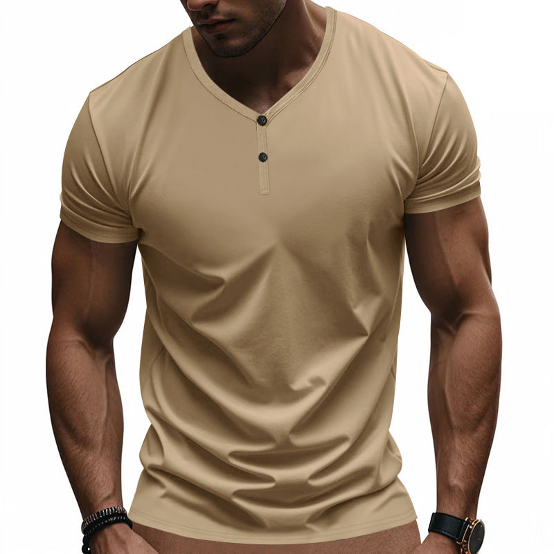 T-Shirt Henry-Neck Retro Loose Fit Stretchy Quick-Drying Breathable Short-Sleeved Summer S