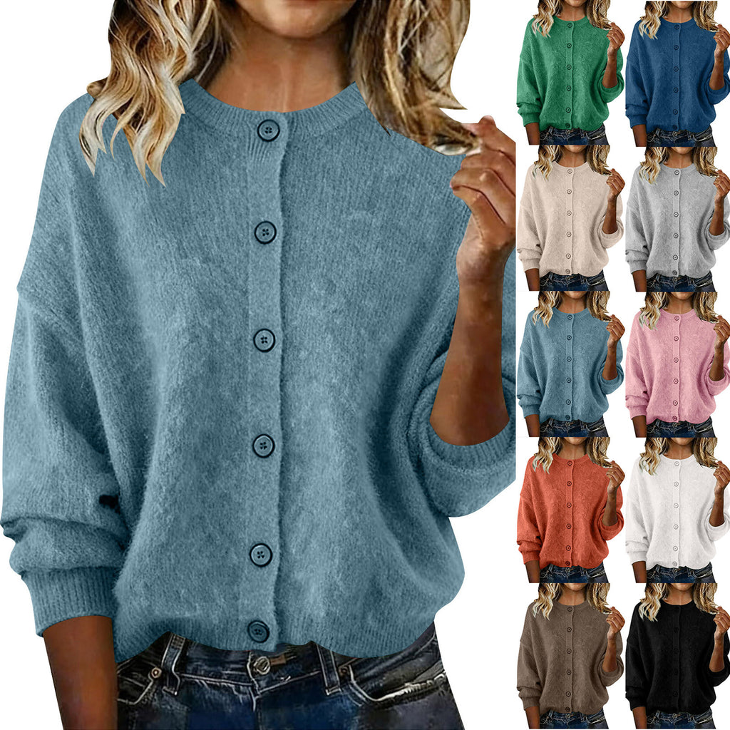 European and American Autumn and Winter Women's Knitted Round Neck Solid Color Long-Sleeved
