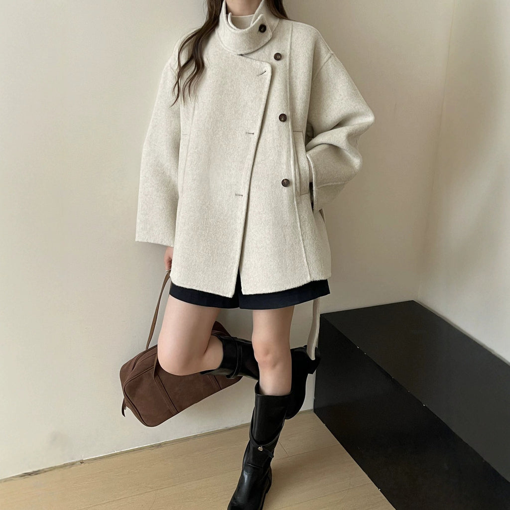 Dentelle Dentelle mi-longueur Double face Laine Coat Femme Laine Vêtements de dessus
