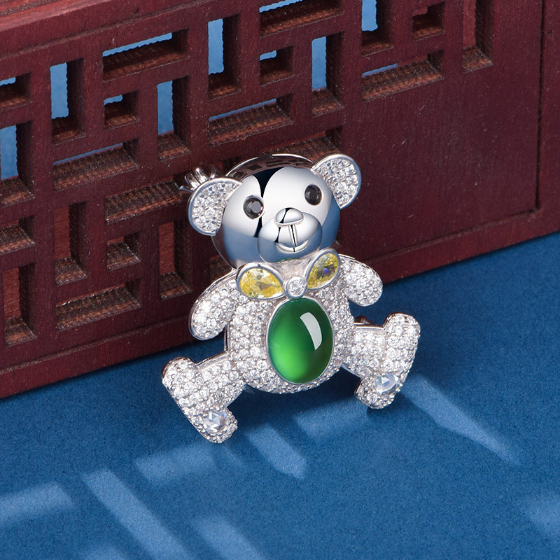 S925 Argent Pave Broch 8x6mm Ovale Green Chalcédoine 7g Platine Platine Cadeau de mode B