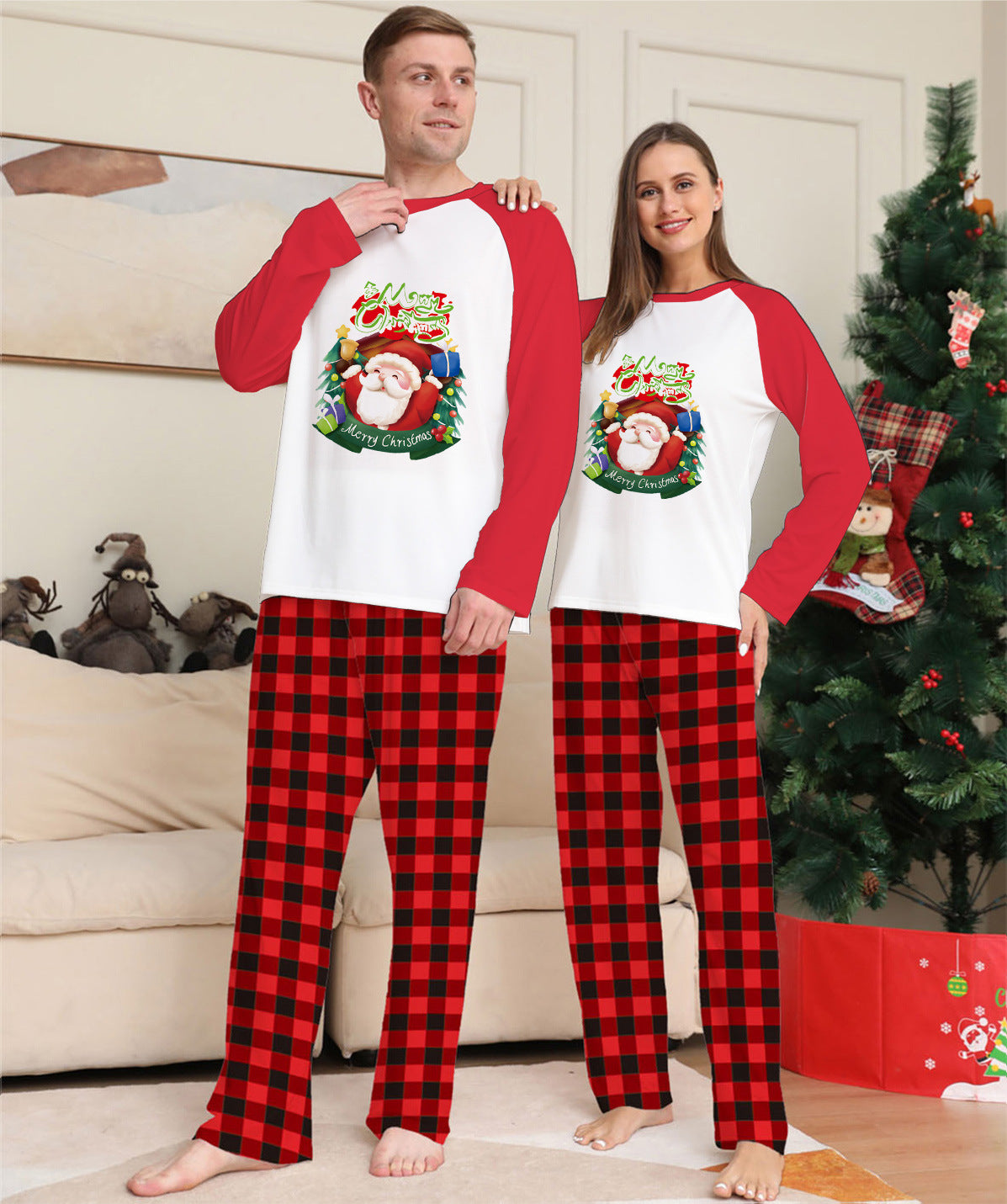 Ensemble de vêtements parents-enfants de Noël manches longues T-Shirt Plaid Pantalons de famille