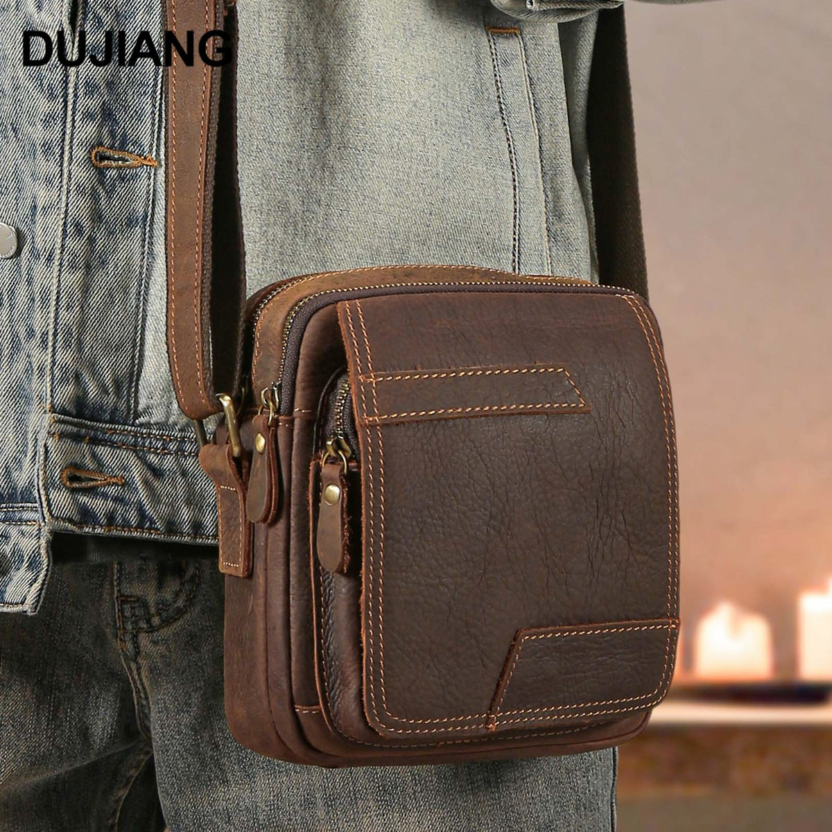 Epaule véritable en cuirCrossbody High-End Cowhide Homme Cowhide Retro Sac carré Casual