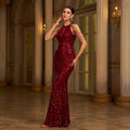 Élégant Col rond sans manches Paillettes minces Banquet de gaine Robe de queue de poisson