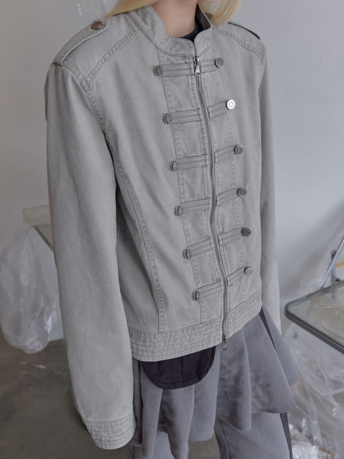 Style militaire Stand Collar Croped Denim Veste