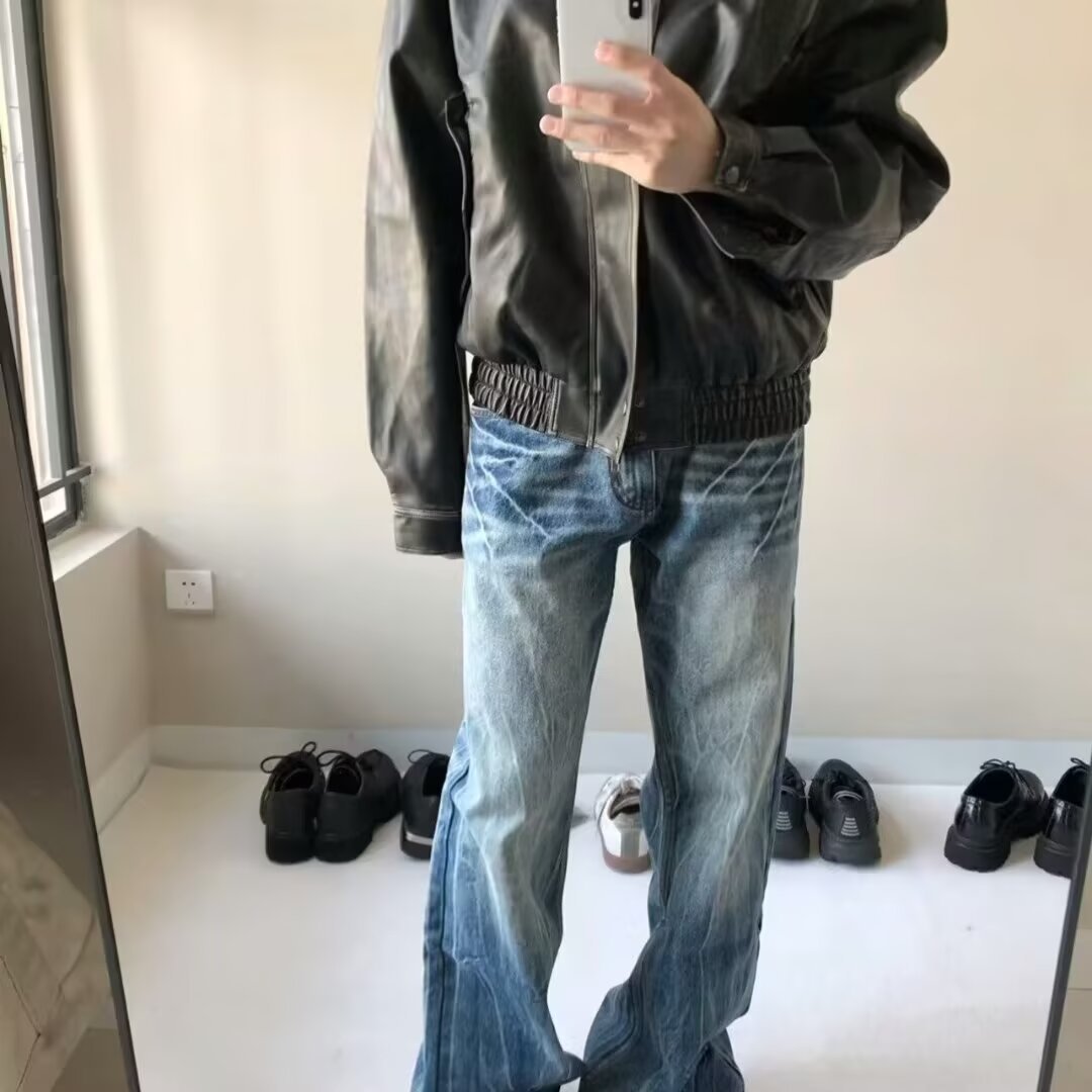 Hommes Loose-fit style américain Jeans lavés-bleu