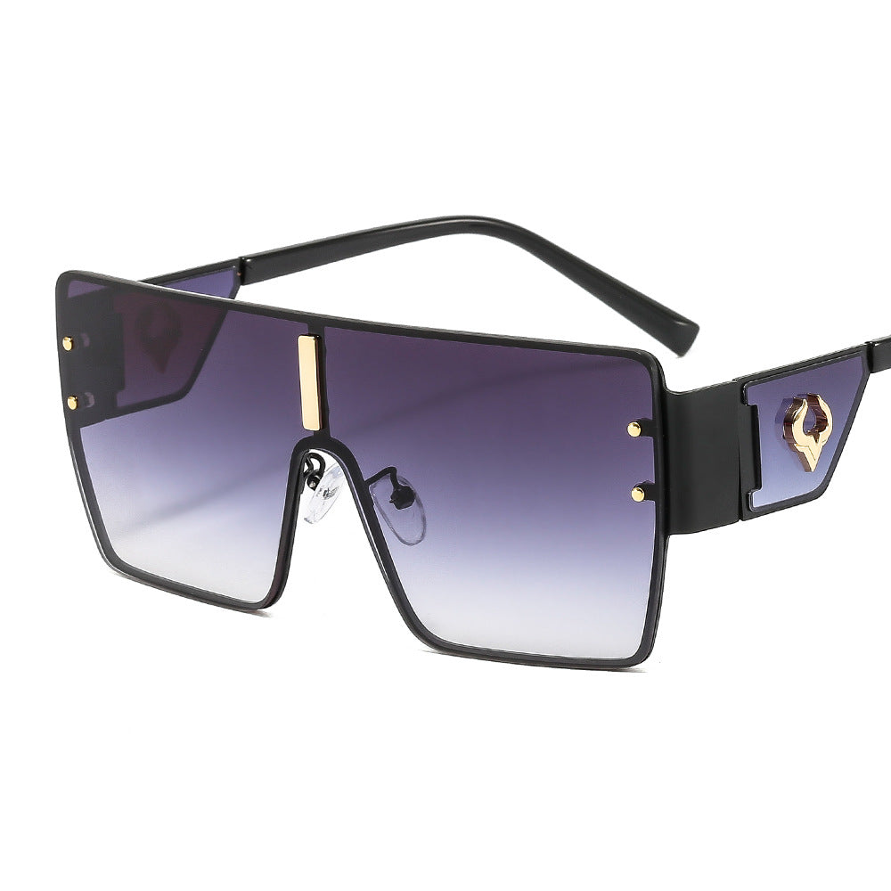 Lunettes de soleil européennes et américaines surdimensionnées en métal d'une pièce avec embellissement à tête d'oxygèneVinta
