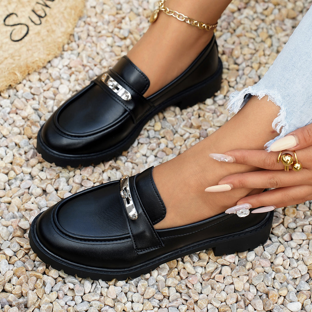 Femmes Classique Élégante Mode ronde orteil bloc bas talon Loafer en cuir Chaussures Élégante Versat