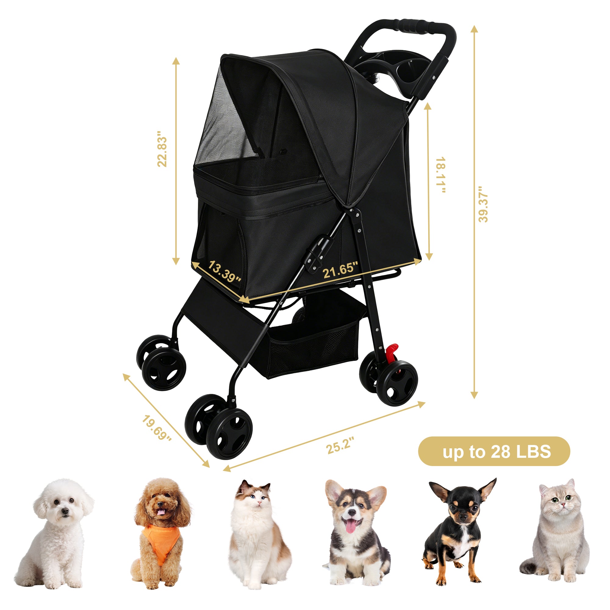 Poussette pliable pour petits chiens et chats de moins de 28 lb avec plateau multifonctionnel