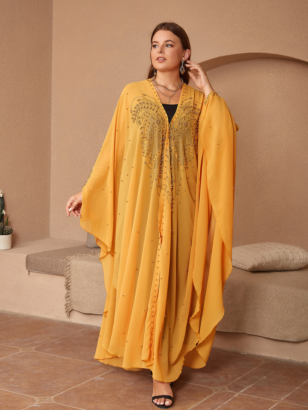 Style musulman Strass Perles Haute Densité Chiffon Cape Et Châle