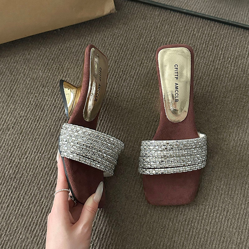 Femmes Strass Une Sangle Diapositive Sandales Outdoor Wear Summer Viral Magnifique Suede Elegant