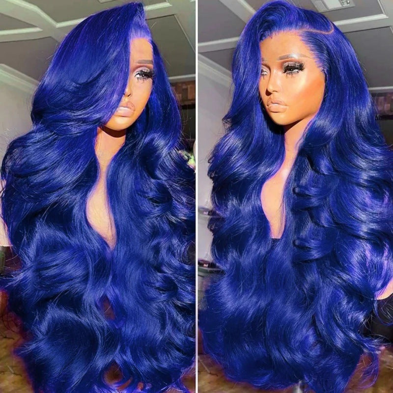Coiffure mi-longueur femme bleu foncé Big Wavy cheveux bouclés couverture de cheveux devant dentelle