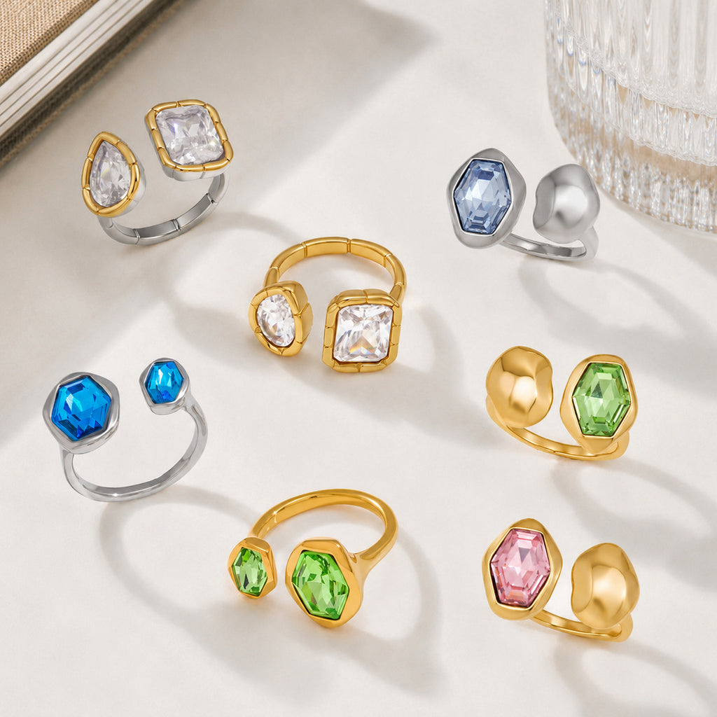 Anneau ouvert de luxe léger avec Zircon coloré et acier au titane