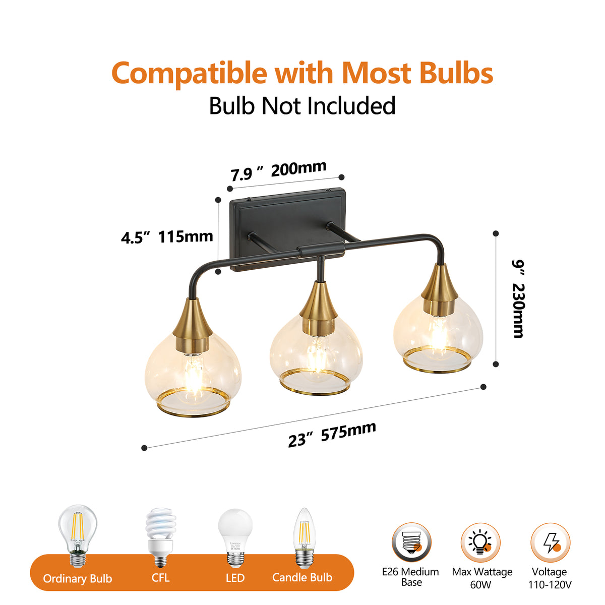 23in Modern 3-Light Vanity Wall Sconce - Black and Gold Bathroom Light Fixture with Clear Glass
