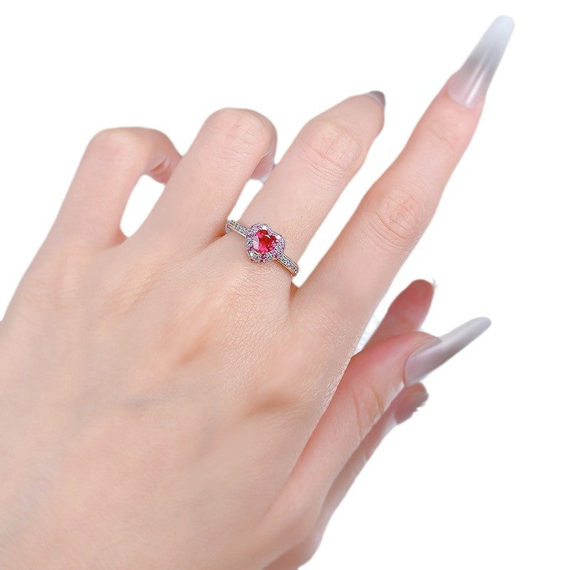 S925 Anneau en forme de cœur en argent avec des diamants pleins