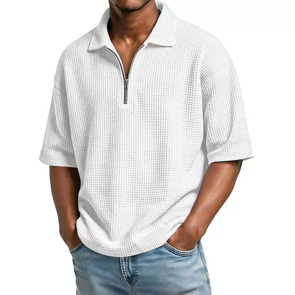 Men's European and American Summer Polo Shirt Waffle Solid Color Sports Casual Simple Shor