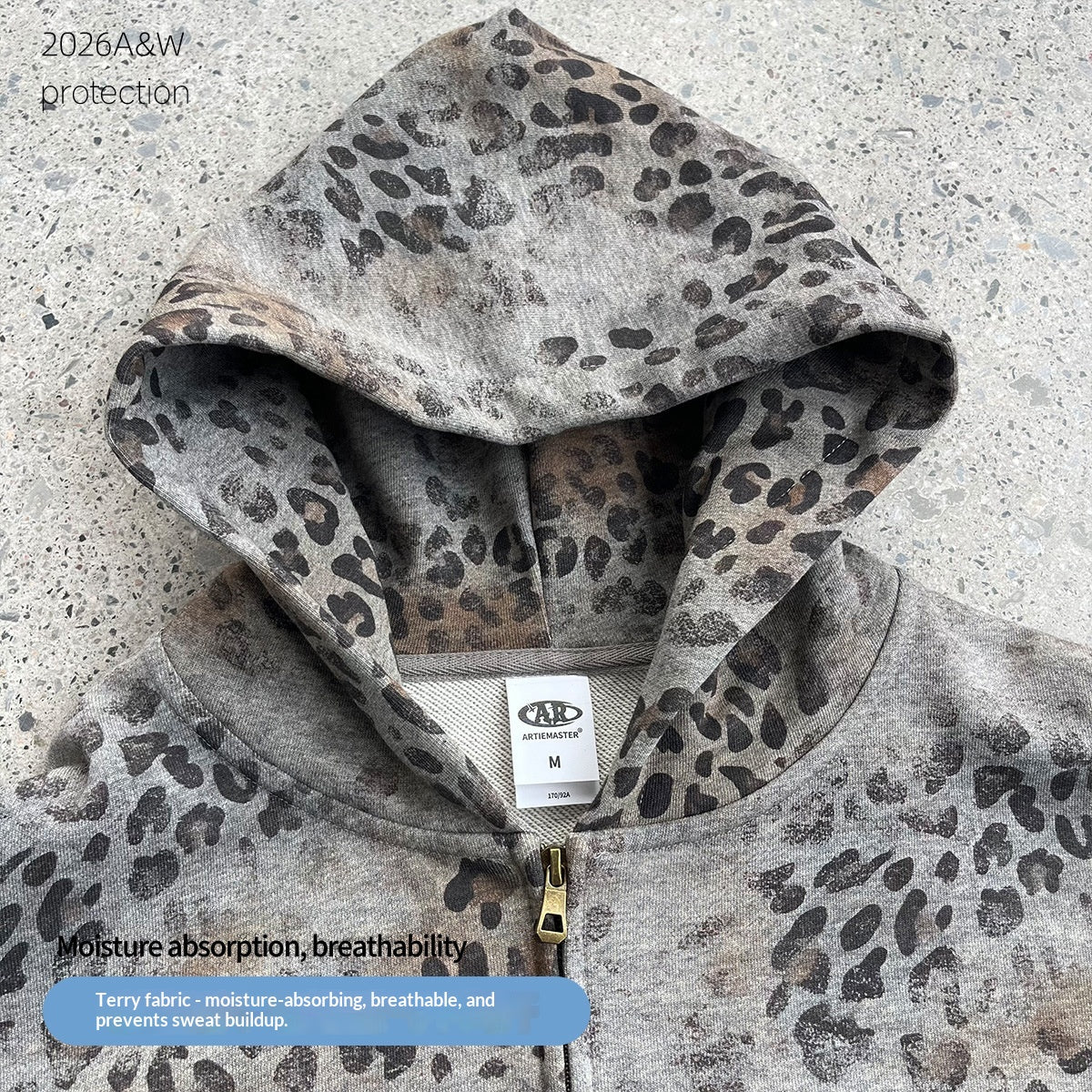 Camouflage à capuchon Leopard-Imprimé Terry-Weave Sweatshirt Cardigan Coat