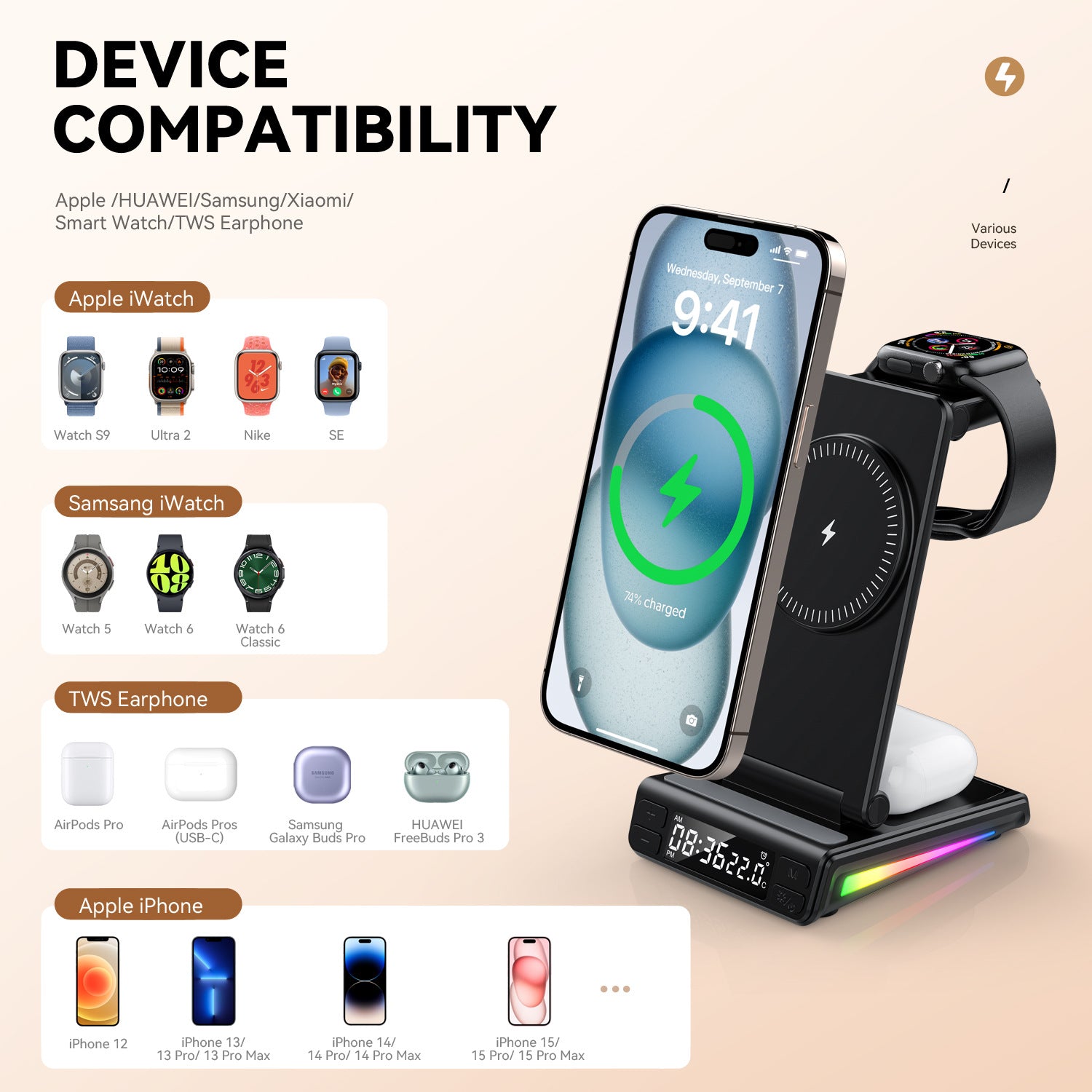 Chargeur sans fil multifonctionnel pliant vertical cinq en un de bureau