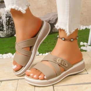 Light Khaki Flip-flops avec Double Straps Plateforme Femmes Sandales de haie