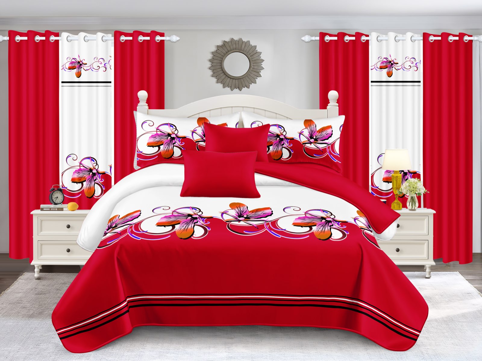 Couche de lit et rideau rouge et blanc 9 pièces pour le roi de Californie