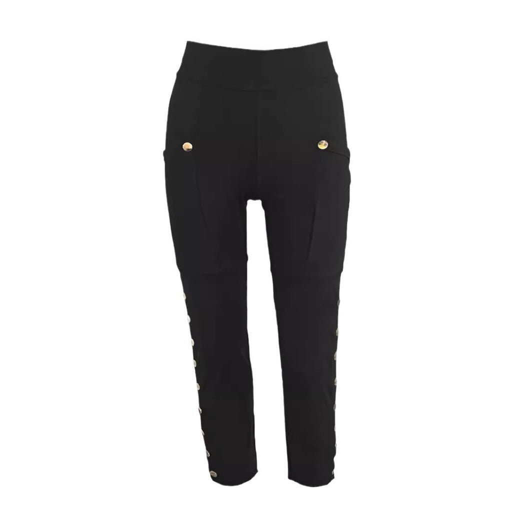 Femmes haute taille pantalons de fret stretch côté bouton Decor Flared Yoga pantalons avec poches Casu