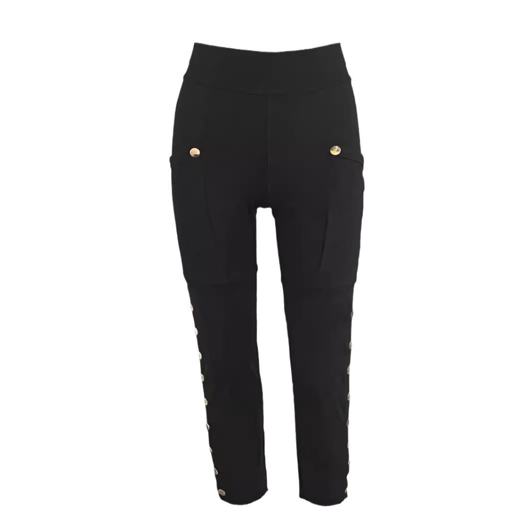 Femmes haute taille pantalons de fret stretch côté bouton Decor Flared Yoga pantalons avec poches Casu
