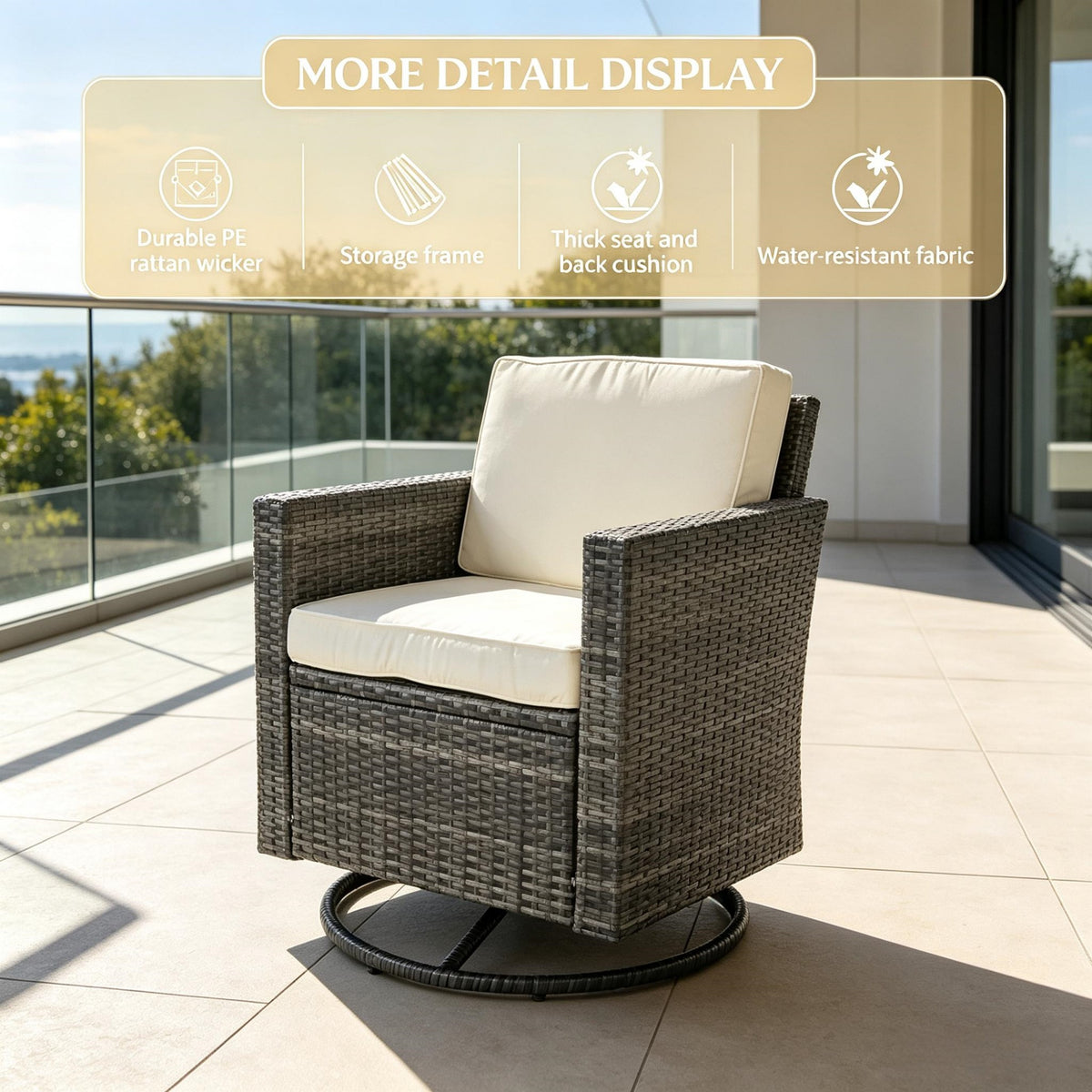 Crème blanc PE Wicker Outdoor Swivel Rocker - 360degré Patio Glider chaise pour porch