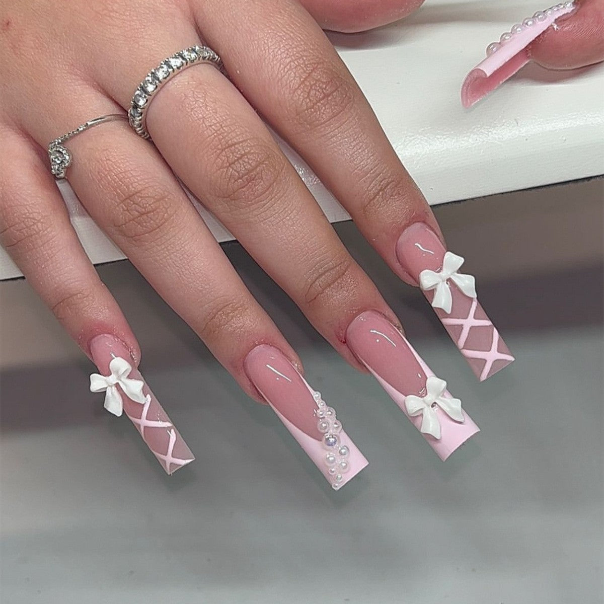 Portable courte Leopard-print Contraste couleur Bow Fake Nails Tip-style