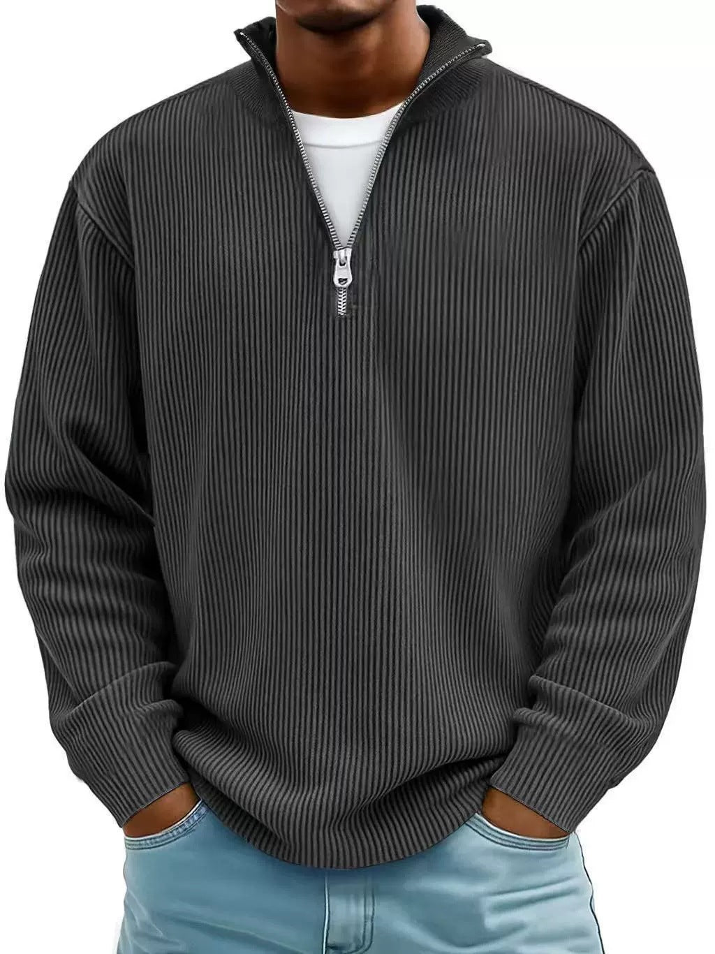 Amazon Arrivée Automne Hommes Casual Top Stand Collared Corduroy Longue Manches Hommes Polo Shir