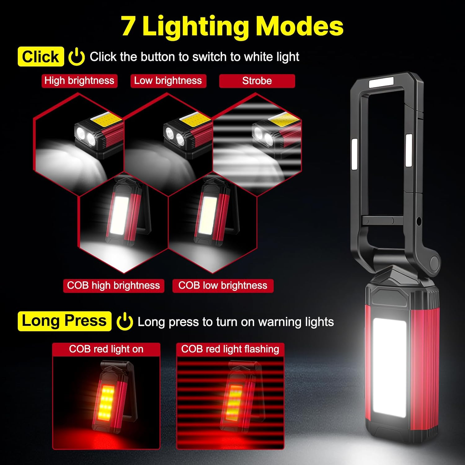Lumière de travail magnétique Lampe de poche rechargeable Lampe de travail portable LED 7 Modes de lampe de poche Wit