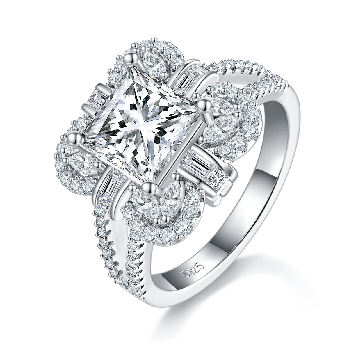 S925 Sterling Silver 2ct Princess Cut Moissanite Ring, D-VVS1 Cluster Halo With Split Shank, Platinum Plated US Sizes 5-9, GRA Certificate Gift Box