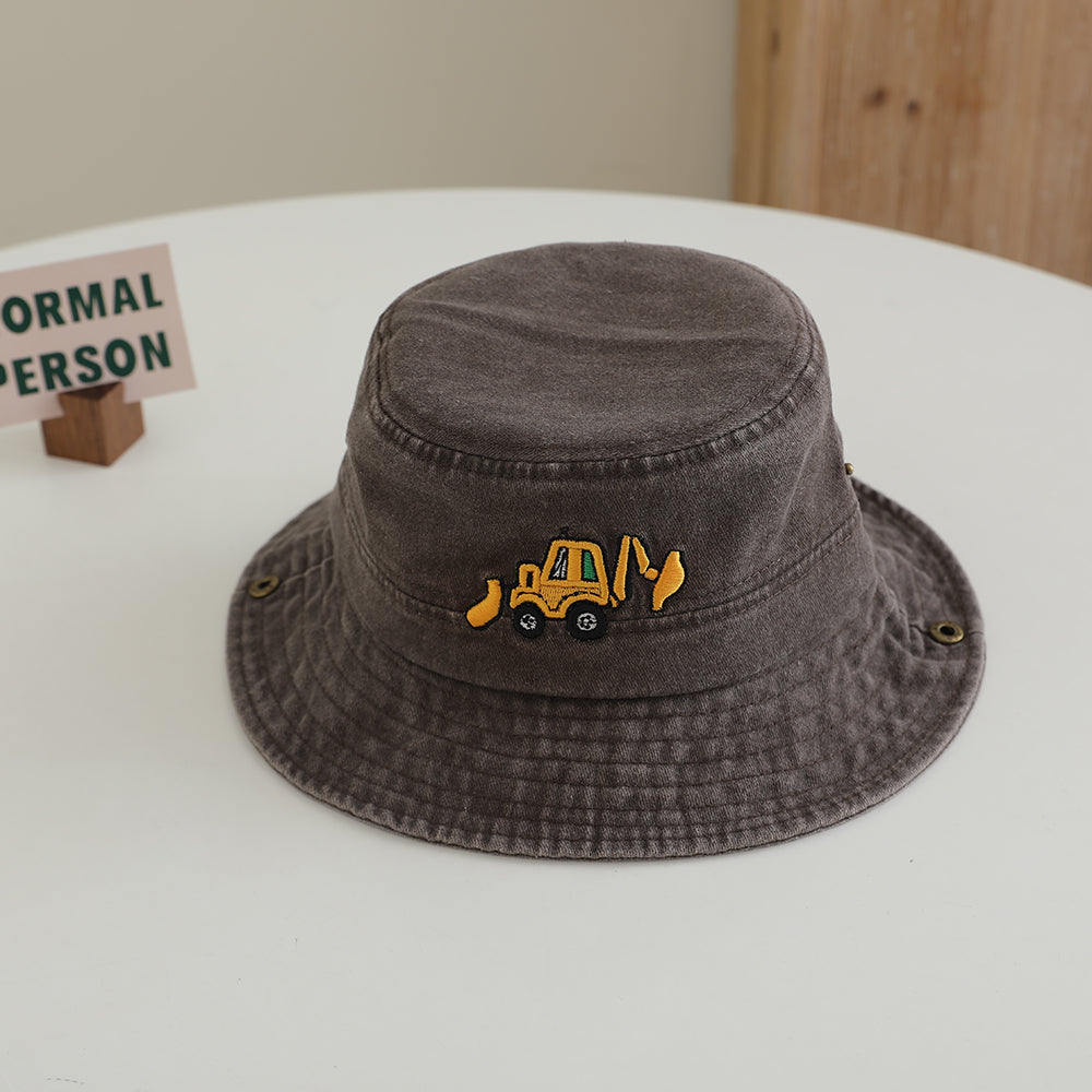 Chapeau à franges pour mini-excavateur brodé de dessin animé pour enfants avec corde et bord réglable