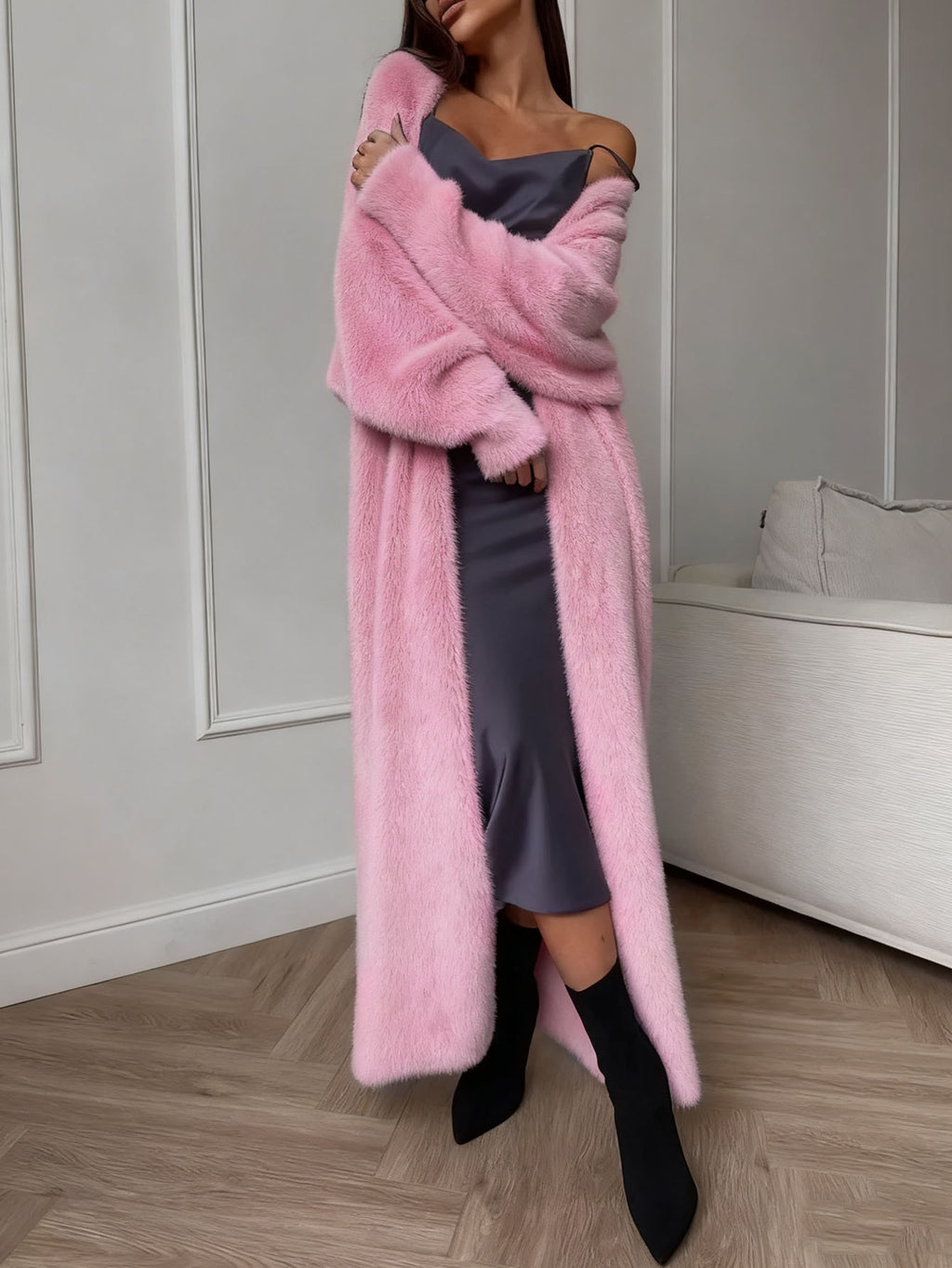 Faux femmes Mink Fur Long Knit Cardigan