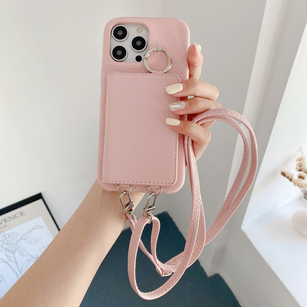 Motif Lychee Gauche et Droite Ouvert Miroir Beauté Étui de téléphone Lanyard