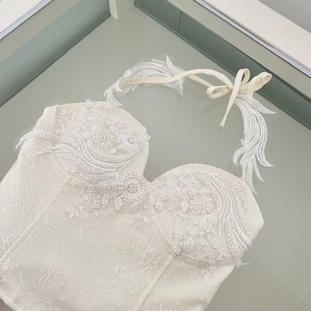 Dentelle lourde en maille embellie paille perlée haut et ensemble de jupes deux pièces pour femmes