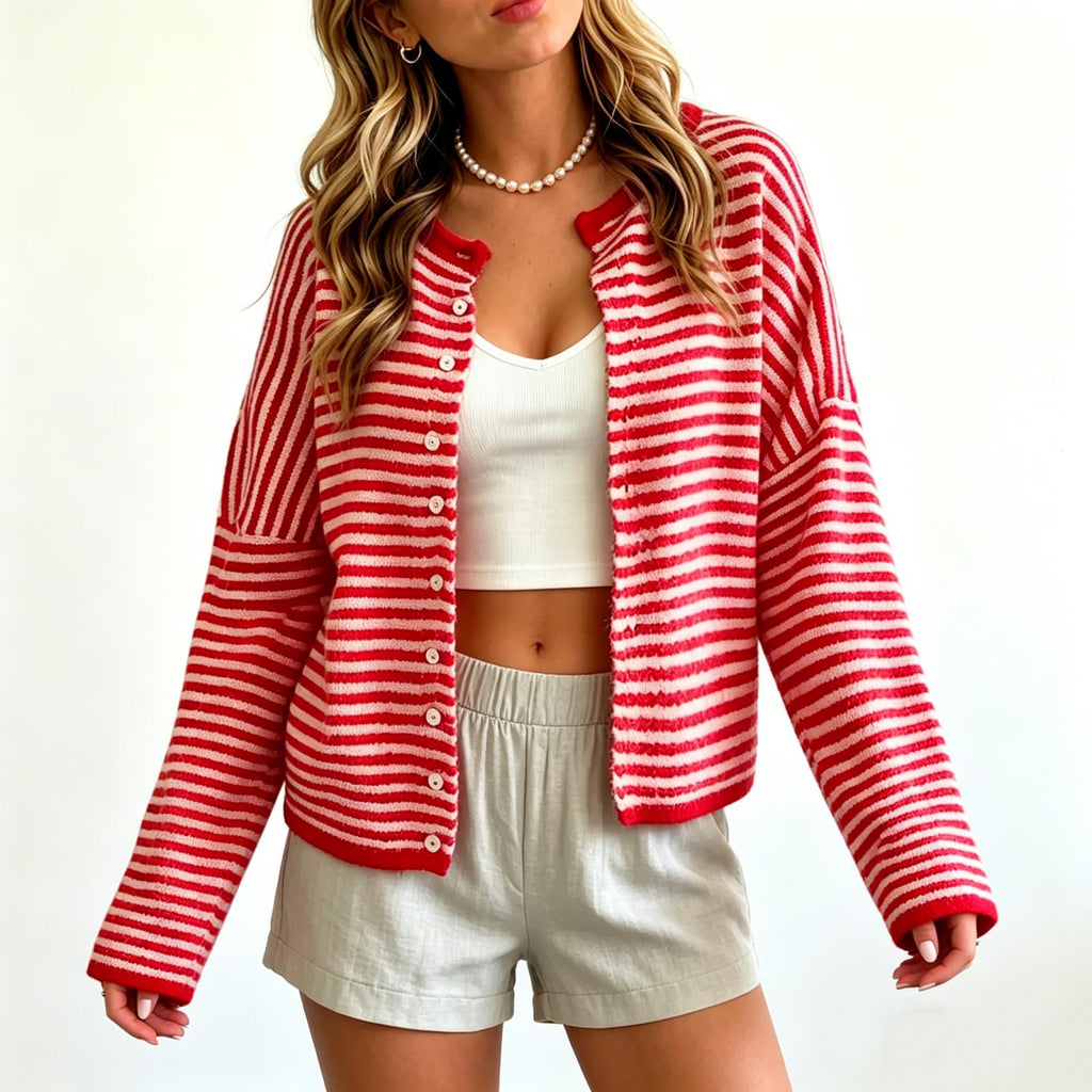 Haut de Cardigan à épaulettes à tête unique, à rayures contrastantes