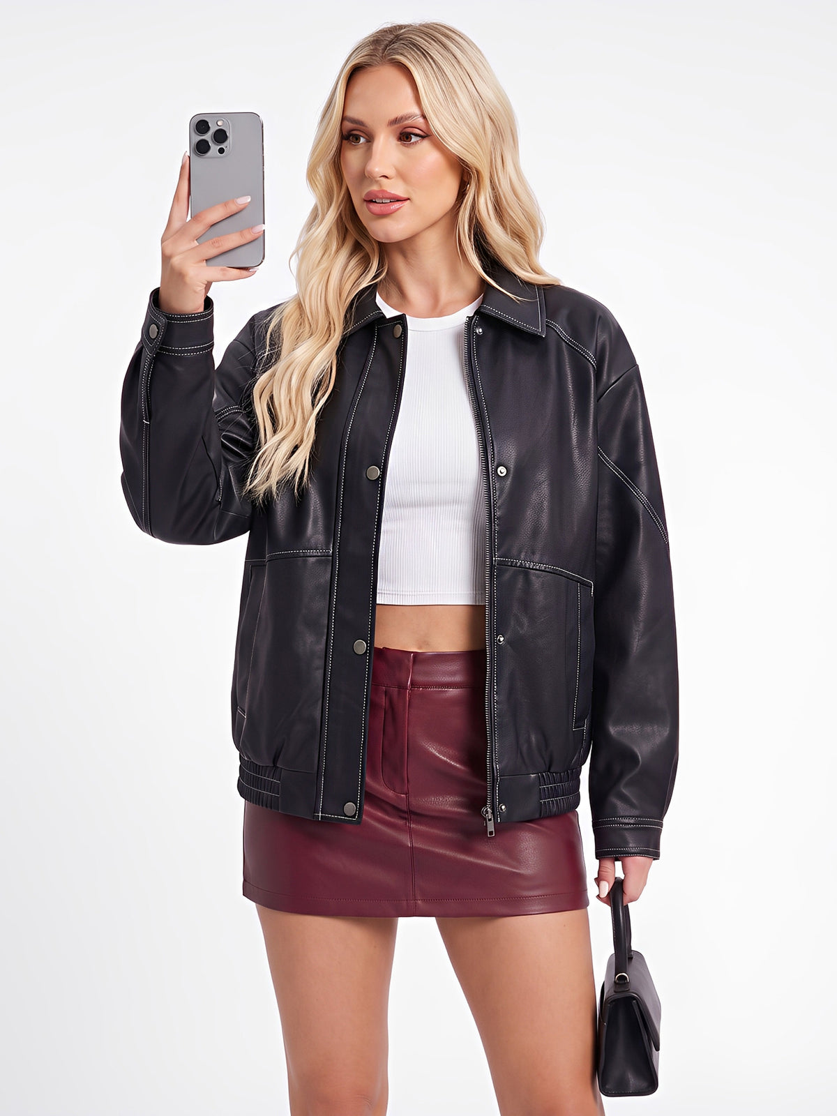 Veste de moto de style surdimensionnée en cuir pour femme Printemps et automne Fashio